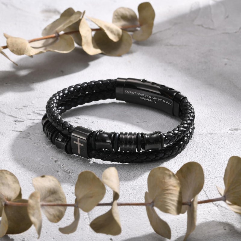 TempBeau Store Christian Black Leather Bracelet for Men - Double-Row Braided Leather Faith Cross Bracelets for Men Jewelry Gift Religious Baptism Easter Gifts for Young Men Teenage,Adjustable Wristband - Image 4